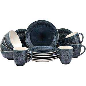 5. Elama Decorated Round Stoneware Deep Embossed Dinnerware Dish Set